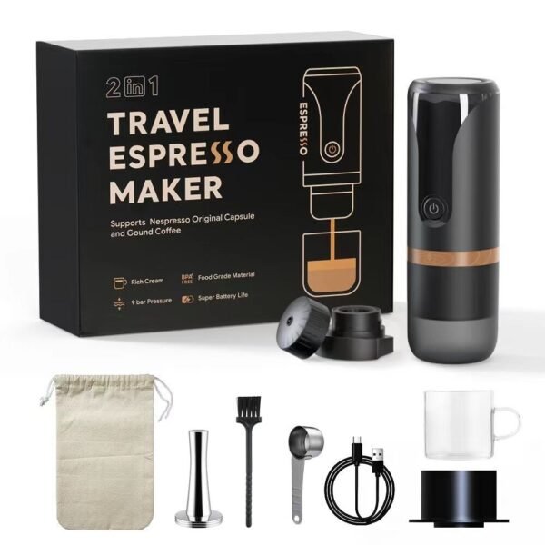 Portable Espresso Machine 9 Bar Pressure Rechargeable 2 in 1 Small Travel Coffee Maker Compatible with Nespresso Capsules Ground Coffee Perfect for Travel Camping Hiking Office Kitchen Black - Image 3